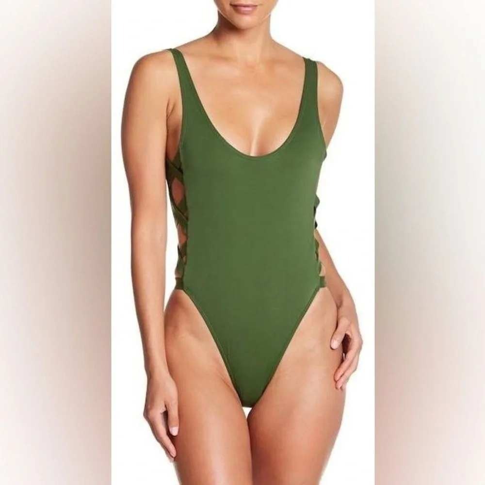 The Bikini Lab One Piece Swimsuit Women Medium Green Strappy Side Peep Cutout
